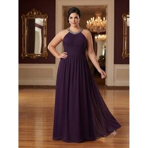 Xscape Woman Joanna Chen Plum Purple Beaded Halter Neck Evening Gown 14W